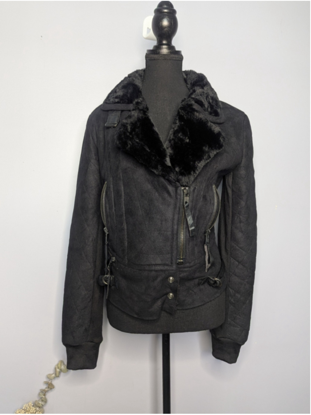 VTG Miss Me Y2K Faux Leather Knit Mixed Media Moto Jacket Faux Fur Collar L